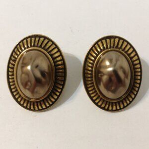Oval Pierced Earrings Light Weight Brown Bronze Tone Metal Stone Pierced Vintage